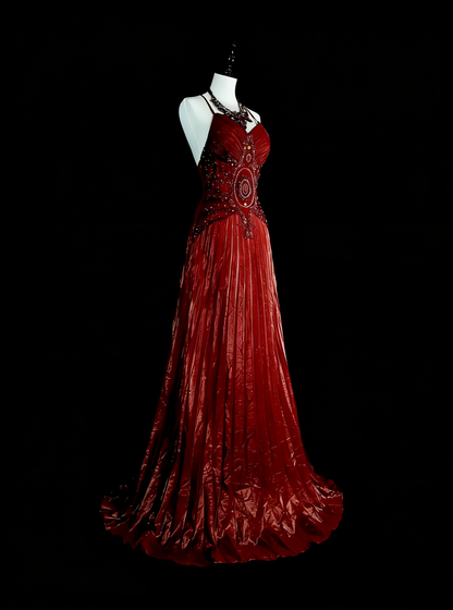 Robes de bal vintage Trapèze Col Haut Bretelles Fines Bordeaux Perlé Années 80 Longue Robe de Soirée N2704