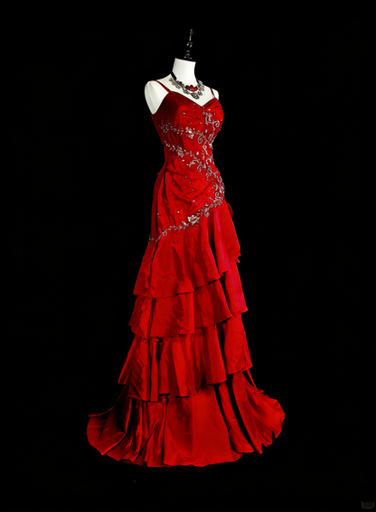 Vintage 1980s Mermaid Spaghetti Straps Red With Appliques Sleeveless Long Prom Formal Dresses N1601