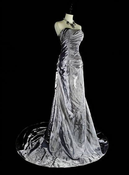 Vintage-Abendkleider, ästhetisches Meerjungfrauen-Trägerloses silbergraues Taftkleid, klassisches Partykleid N2001