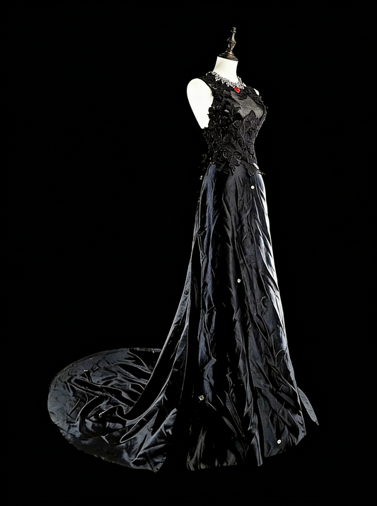 Vintage Prom Dresses Aesthetic A line Scoop Black Satin With Appliques Long Formal Dress N2159