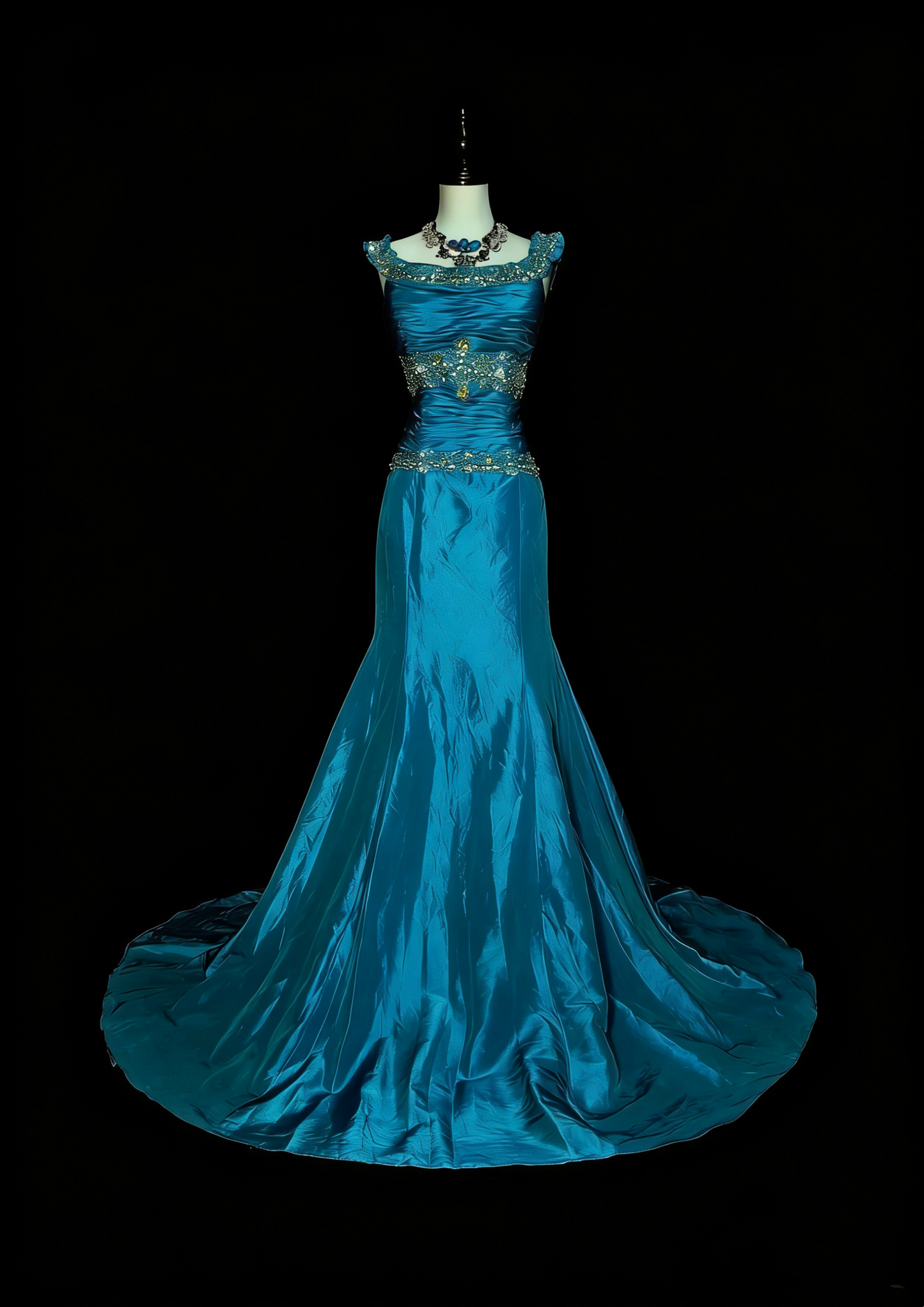 Robe de bal d'été longue bleue vintage à col carré et perles, style sirène, référence N1422