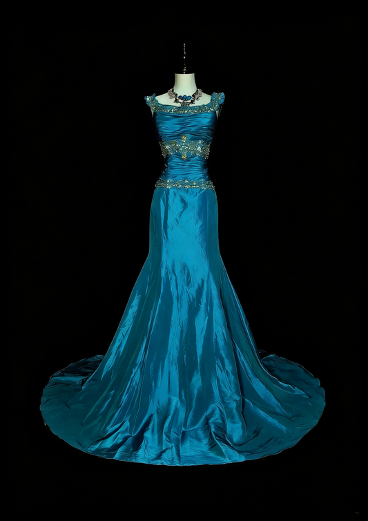 Robe de bal d'été longue bleue vintage à col carré et perles, style sirène, référence N1422