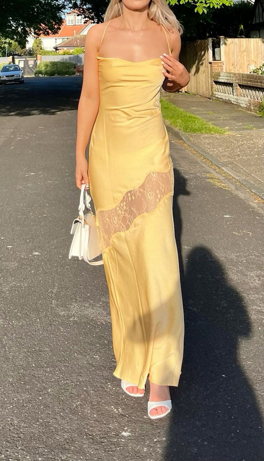 Charming Mermaid Halter Yellow Satin Inspiration Sleeveless Long Wedding Guest Dress Birthday Outfits N1527
