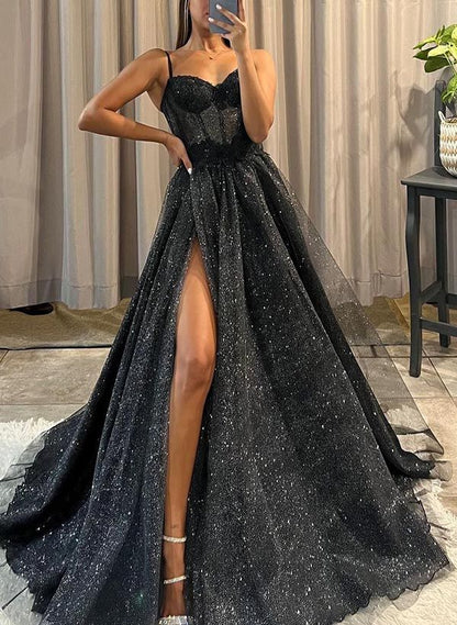 Robe de bal noire, robe de bal bustier sans manches en tulle avec fente sur le devant N799