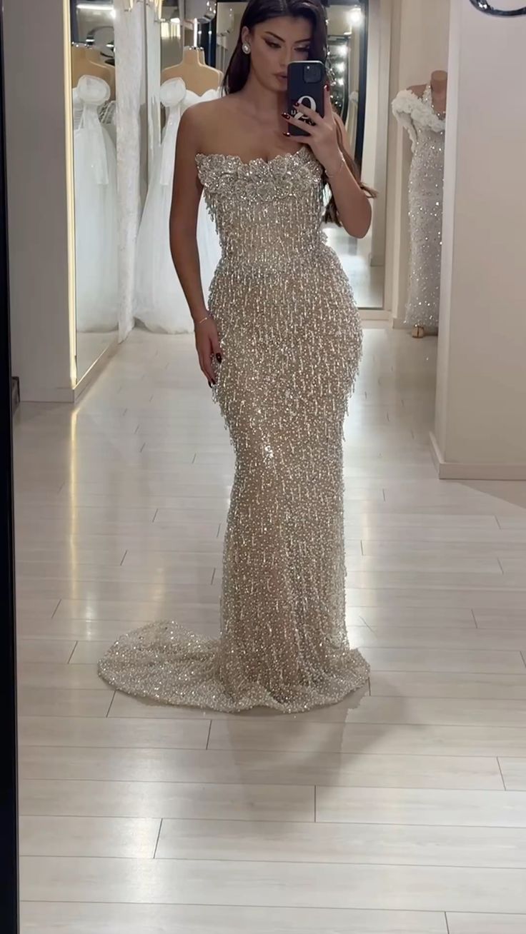 Glitzerndes Meerjungfrau Trägerloses Pailletten-Abendkleid mit Perlenstickerei Champagner Abschlussballkleid für Schwarze Mädchen Damen AB2568