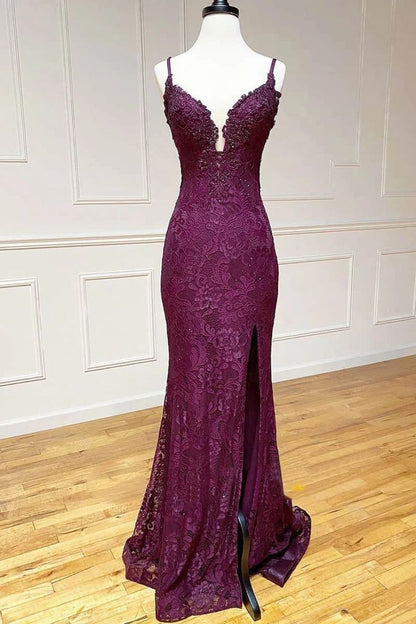 Mermaid Grape Lace Spaghetti Straps Backless Open Backs Long Prom Dress Inspiration Prom Dresses AB128