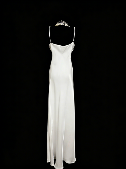 Robe de soirée sirène vintage à fines bretelles, style années 80, 70, 90, blanche, longue, idéale pour les bals de fin d'année ou les remises de diplômes (N1148)