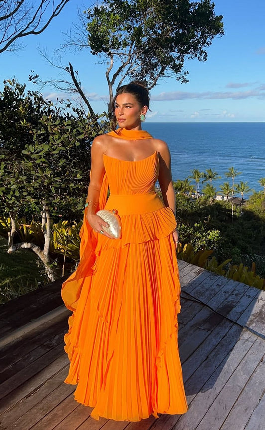 Elegant A line Prom Dresses With Scarf Chiffon Pleated Ruffle Strapless Orange Formal Evening Dress Party Gowns AB412