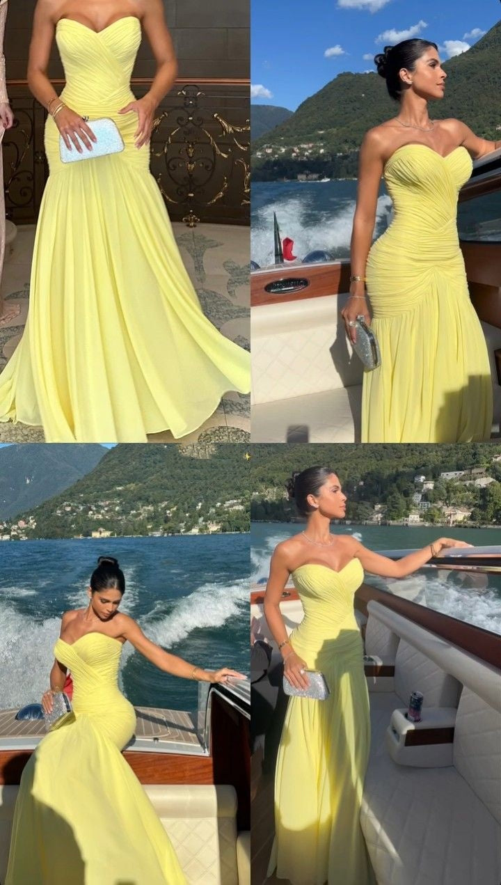 Robe de bal sirène élégante jaune à décolleté cœur, en mousseline plissée à volants, robe de soirée formelle AB417