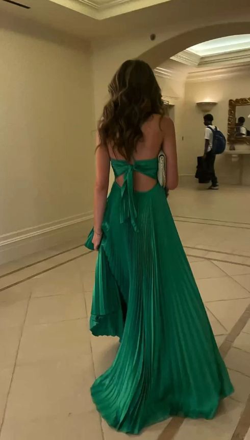 Graceful Spaghetti Strap Green Satin Open Back Prom Evening Dresses Party Gowns AB437