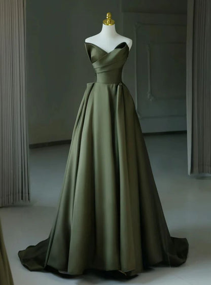Graceful A line Strapless Green Satin Strapless Pleats Prom Dress Party Gowns AB436