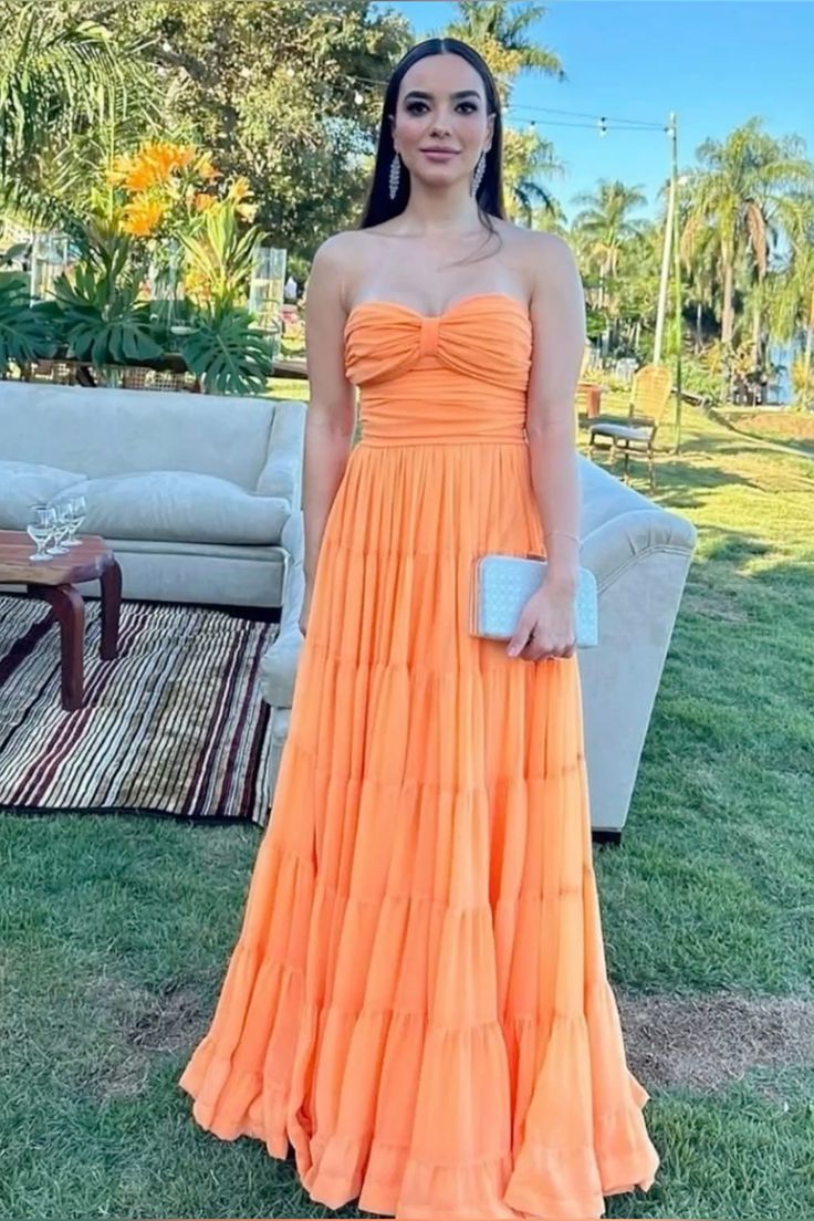 Graceful A line Sweetheart Orange Chiffon Sleeveless Pleated Prom Dress Formal Evening Dress Party Gowns AB434