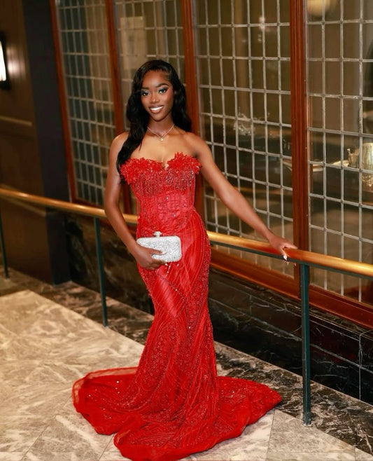 Modest Mermaid Sweetheart Prom Dresses for Women Red Sequin Evening Party Gown Formal Gown 18th Birthday Gowns AB783