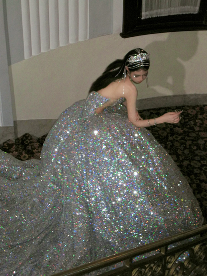 Robe de bal intemporelle bustier argentée à sequins, longue robe de soirée, inspiration robe de bal RB1956