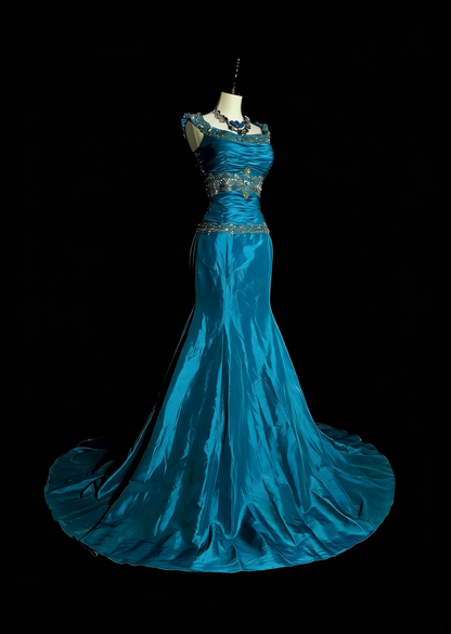 Robe de bal d'été longue bleue vintage à col carré et perles, style sirène, référence N1422