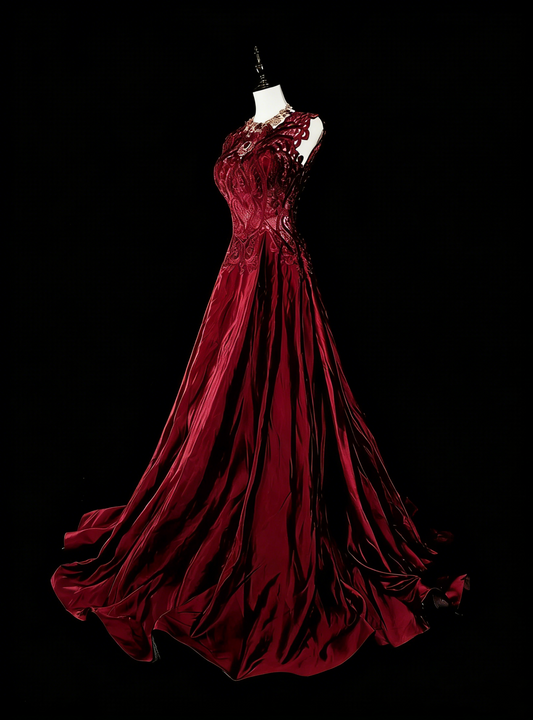 Robe de bal rétro années 70, coupe trapèze, décolleté rond, dentelle bordeaux, sans manches, N1486
