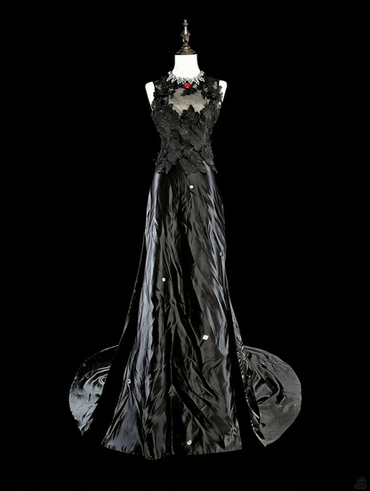Robes de bal vintage esthétiques en satin noir coupe A avec applications longue robe de soirée N2159