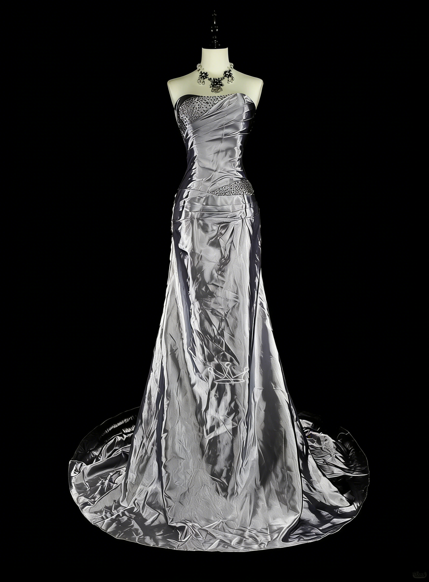 Vintage-Abendkleider, ästhetisches Meerjungfrauen-Trägerloses silbergraues Taftkleid, klassisches Partykleid N2001