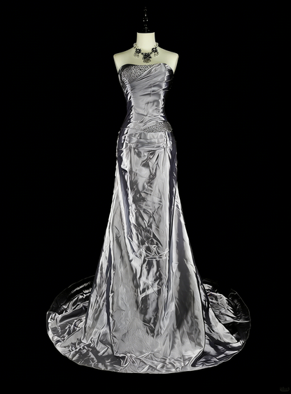 Vintage-Abendkleider, ästhetisches Meerjungfrauen-Trägerloses silbergraues Taftkleid, klassisches Partykleid N2001