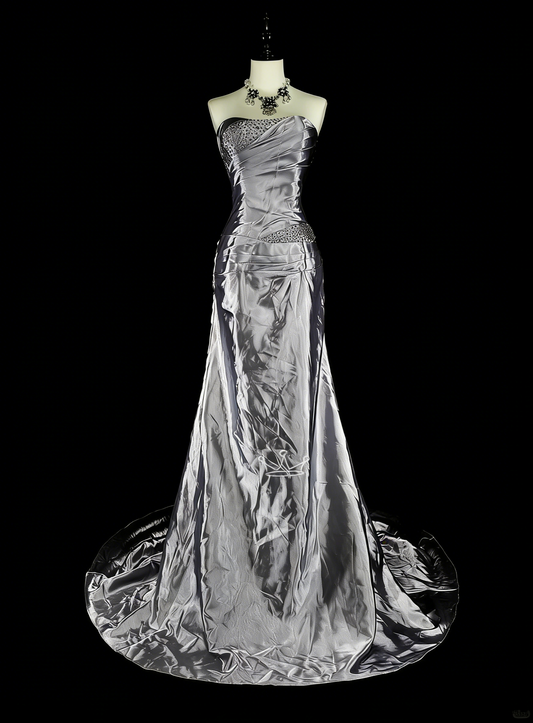 Vintage Prom Dresses Aesthetic Mermaid Strapless Silver Grey Taffeta Classic Inspo Party Dress N2001