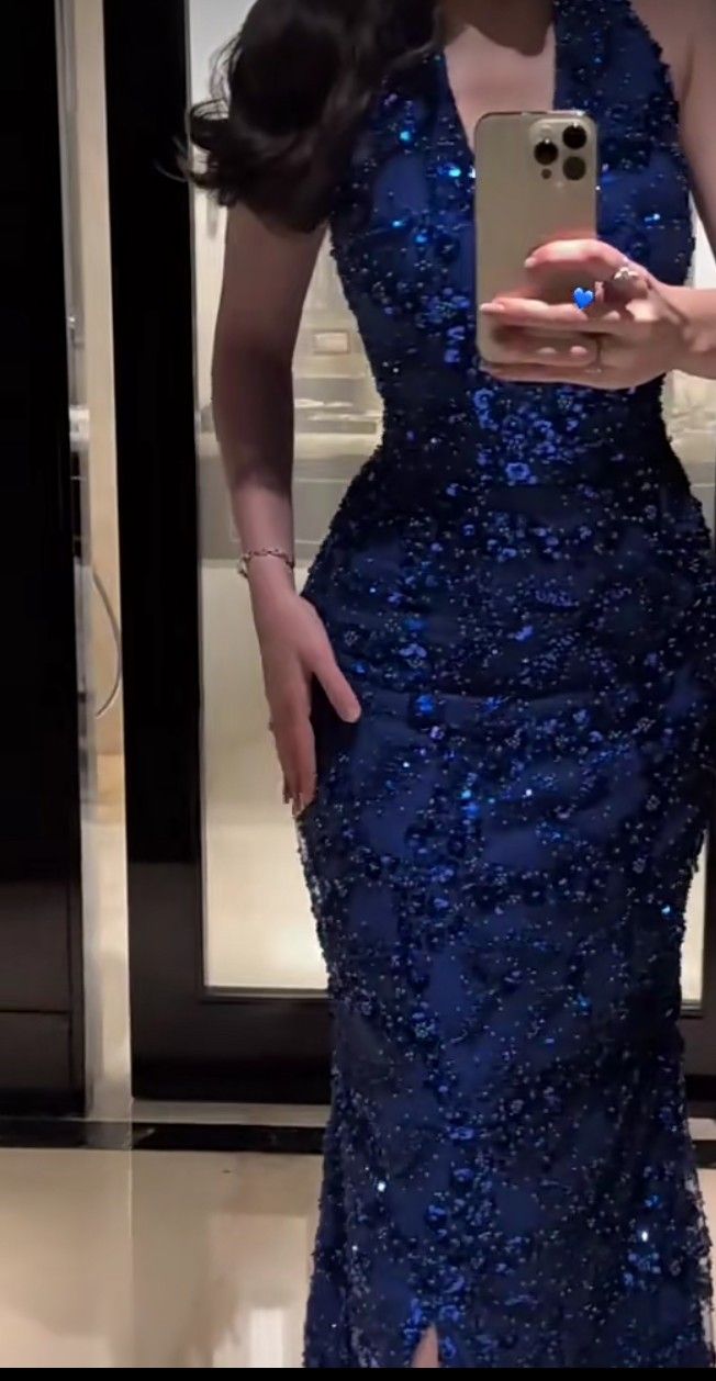Modest Mermaid V Neck Royal Blue With Slit Sequined Long Prom Dresses Formal Party Dress Prom Gown AB1248