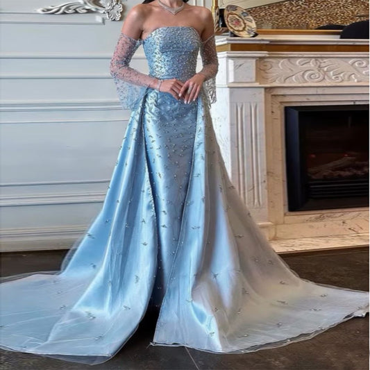 Customized Mermaid Prom Dresses Floor-Length Strapless Full Sleeve Evening Gown Simple Fashion Graduation Gown N885