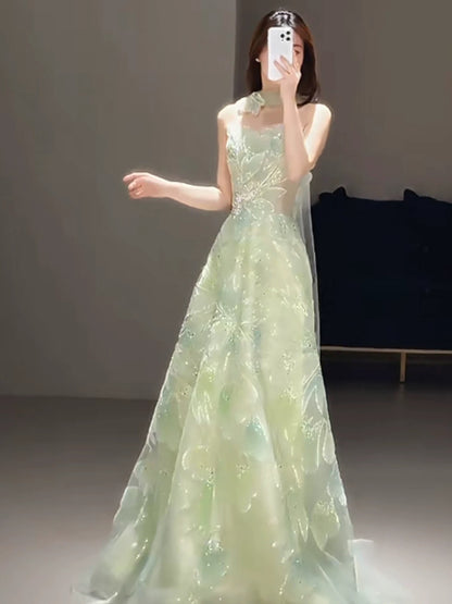 Robes de bal de princesse Coupe A bretelles vert avec écharpe perles soirée longue robe de cérémonie N4296