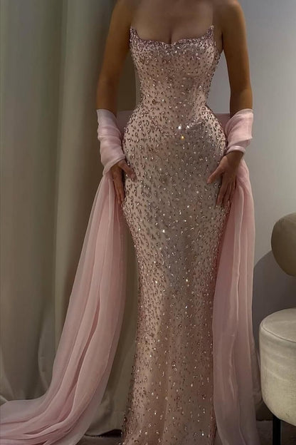 Bezauberndes, trägerloses, ärmelloses, langes Meerjungfrauen-Abendkleid mit Perlenstickerei für Damen AB1511