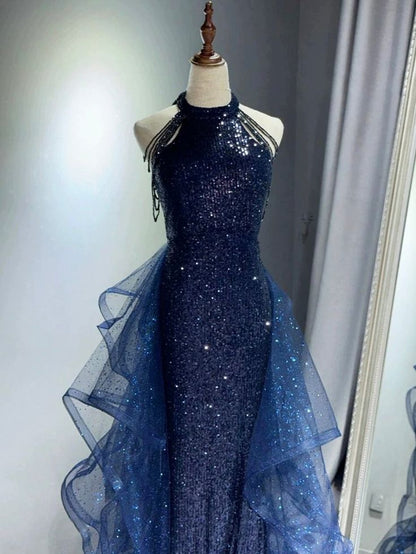Navy Blue Sequins Long Prom Formal Dress Mermaid Evening Party Dresses AB680