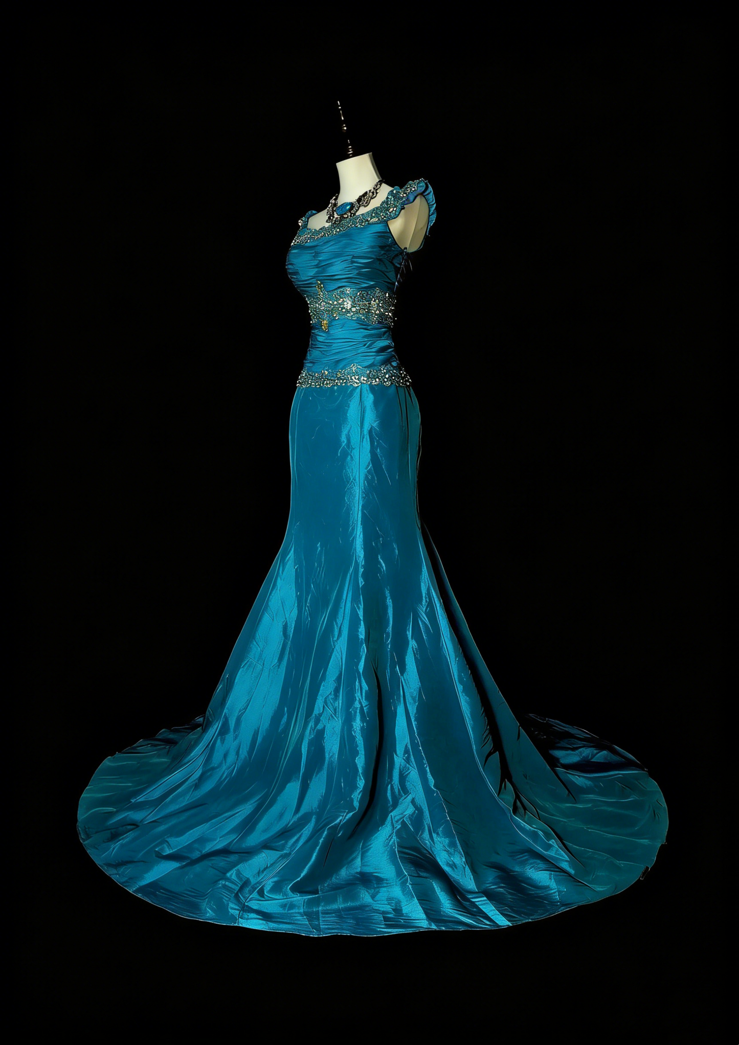 Robe de bal d'été longue bleue vintage à col carré et perles, style sirène, référence N1422