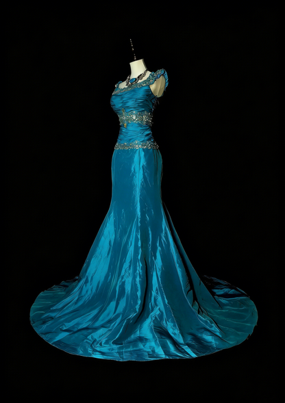 Robe de bal d'été longue bleue vintage à col carré et perles, style sirène, référence N1422