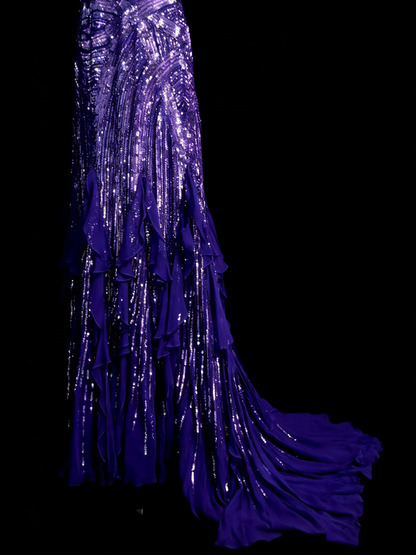 Elegantes, ärmelloses, langes Meerjungfrauen-Abendkleid mit Neckholder, Pailletten und Traubenmuster, N1257
