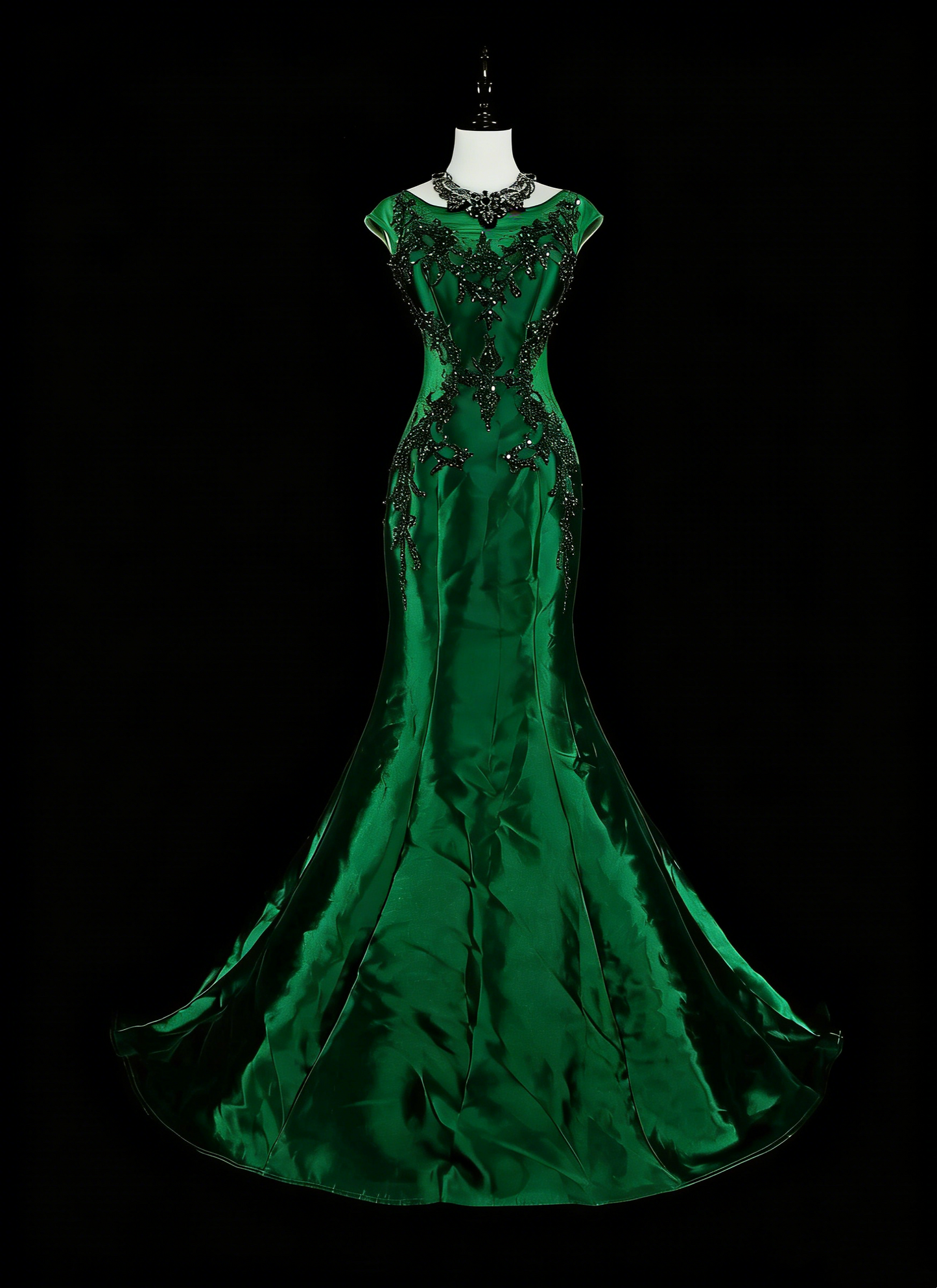Vintage Abschlussballkleider Meerjungfrau Rundhals Dunkelgrün Satin Mit Perlen 1980er Lange Formelle Abendkleid N2705