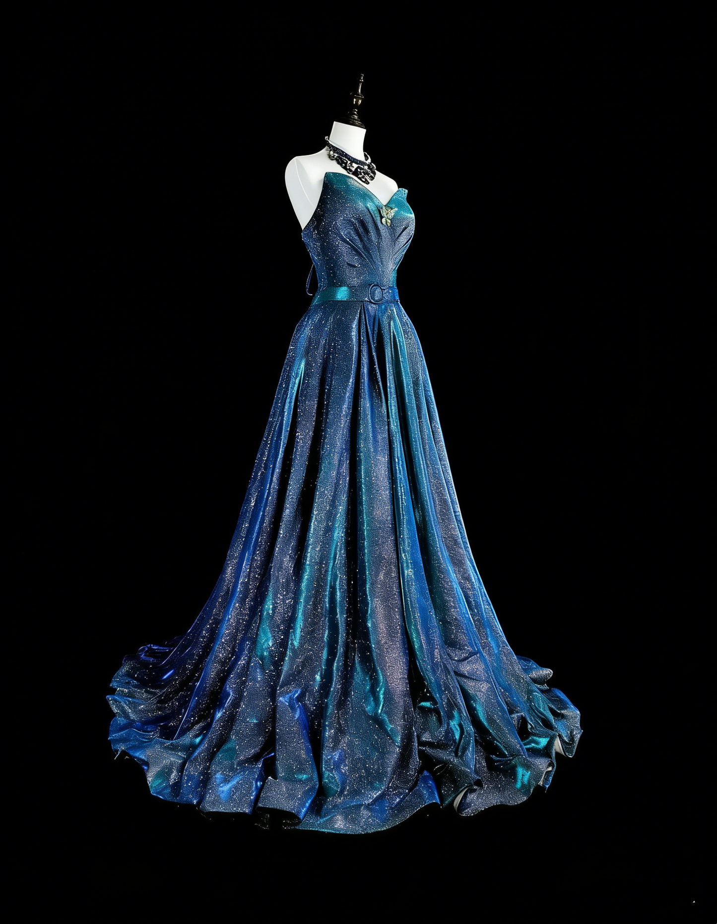 Robe de bal vintage bleu marine à sequins, décolleté cœur, années 70, longue, idéale pour les soirées (N1832)