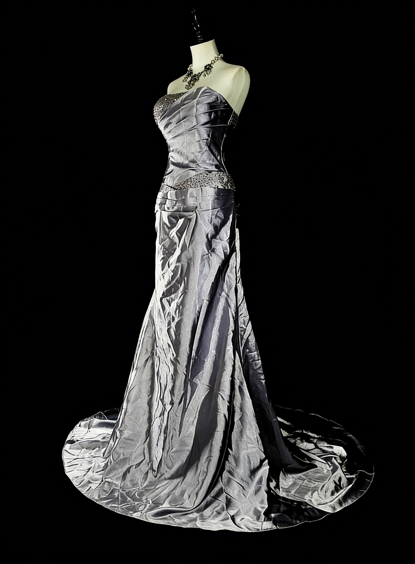 Vintage-Abendkleider, ästhetisches Meerjungfrauen-Trägerloses silbergraues Taftkleid, klassisches Partykleid N2001