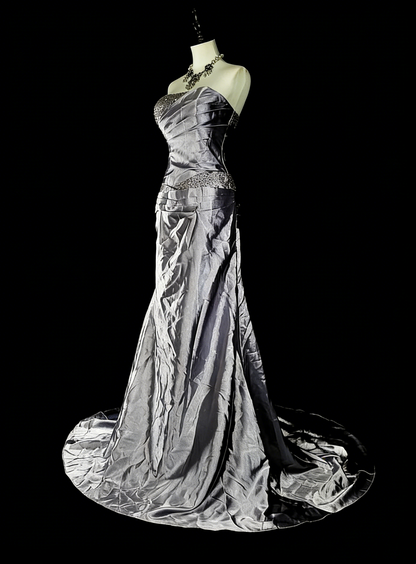 Vintage-Abendkleider, ästhetisches Meerjungfrauen-Trägerloses silbergraues Taftkleid, klassisches Partykleid N2001