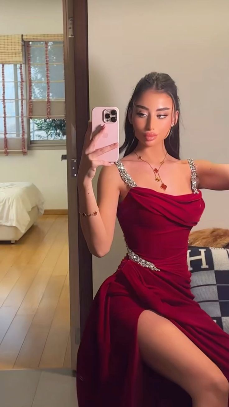 Sexy Mermaid Straps Red Satin With Slit Beads Evening For Women Party Dresses Long Formal Prom Dresses 21st Birthday Gowns AB1314