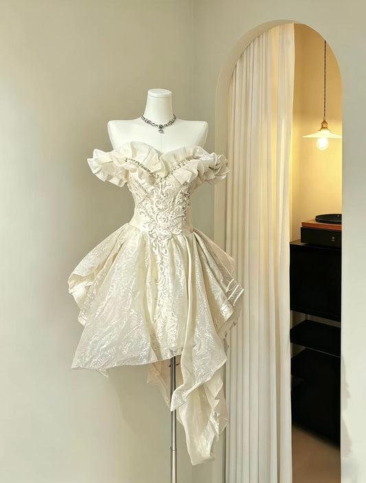 Beautiful Ball Gown Off The Shoulder Champagne Graduation Gown Senior Inspo Short Homecoming Dress RB3187