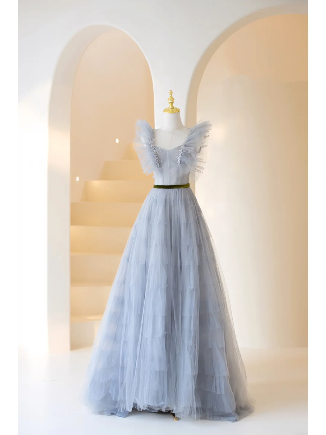 Cute Ball Gown Sweetheart Tulle Layered Dusty Blue Long Prom Dresses Impress 20th Birthday Outfits Prom Gown AB904