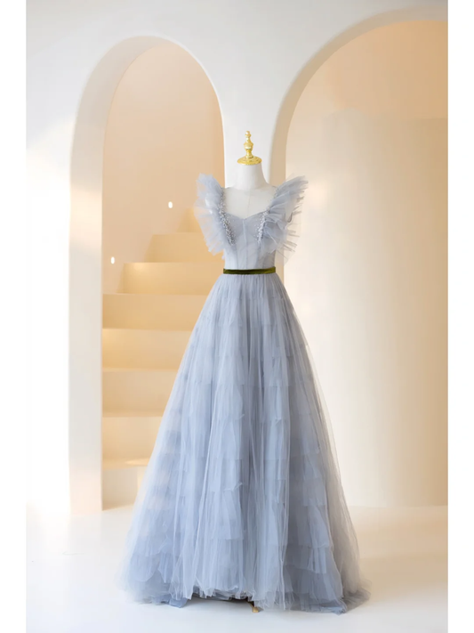 Cute Ball Gown Sweetheart Tulle Layered Dusty Blue Long Prom Dresses Impress 20th Birthday Outfits Prom Gown AB904