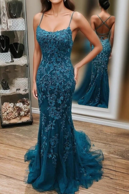 Dunkelblaues Meerjungfrauen-Abendkleid mit Spaghettiträgern und Applikationen AB1585