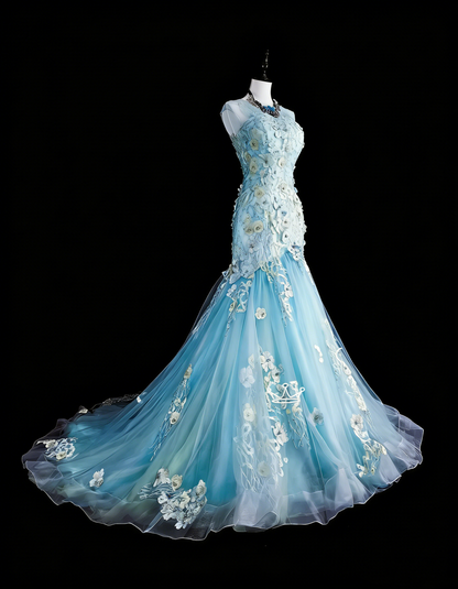 Vintage-Abendkleider, ästhetisches Meerjungfrauen-Kleid, hellblauer Tüll, Spitze, klassisches Partykleid N2002