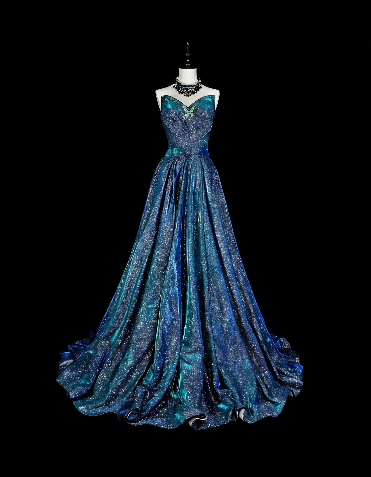 Robe de bal vintage bleu marine à sequins, décolleté cœur, années 70, longue, idéale pour les soirées (N1832)
