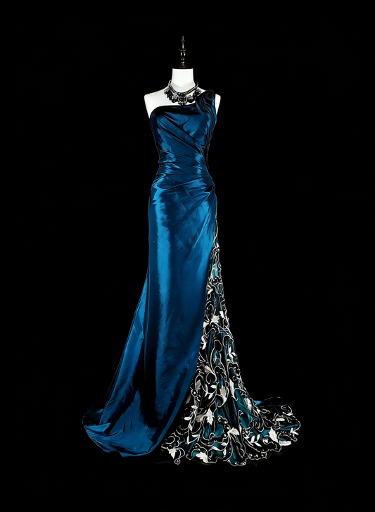Vintage Prom Dresses Mermaid One Shoulder Navy Blue Satin With Beads Lace Long Party Dress N2371