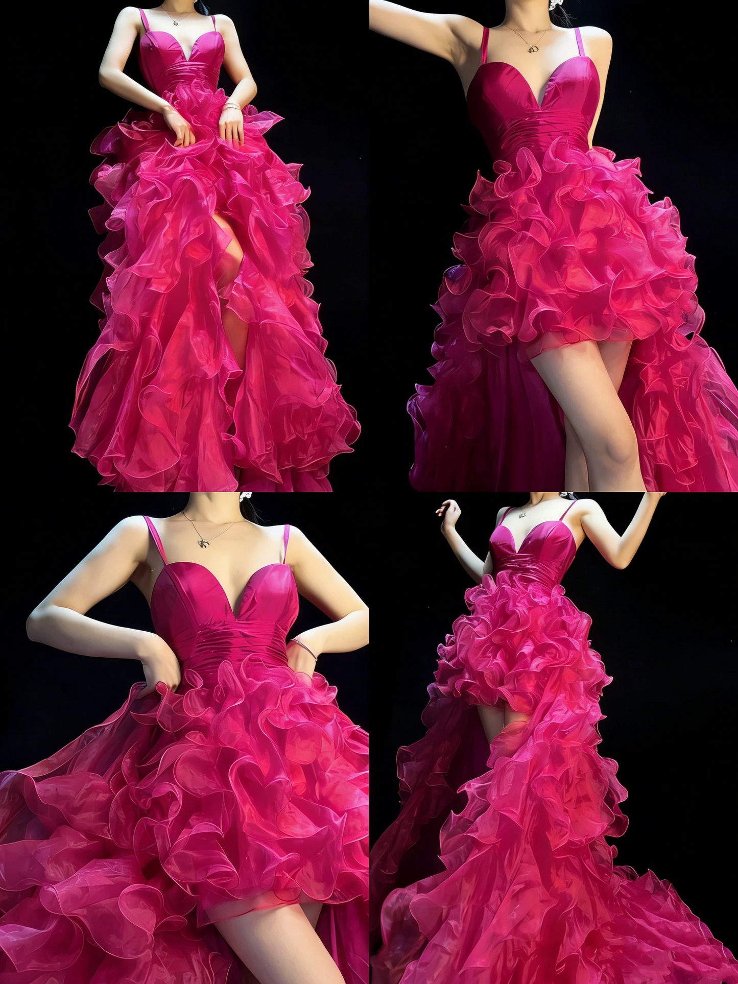 Robe de bal longue élégante en organza rose fuchsia, coupe asymétrique et décolletée, inspiration N1195