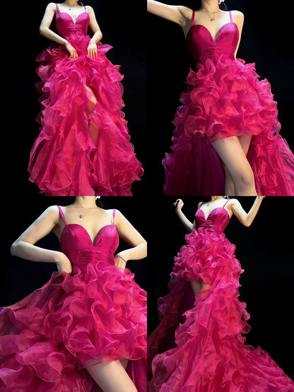 Robe de bal longue élégante en organza rose fuchsia, coupe asymétrique et décolletée, inspiration N1195