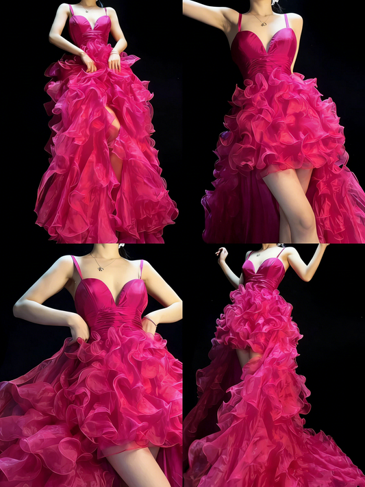 Elegant High Low Sweetheart Hot Pink Organza Floor Length Inspiration Long Prom Dress N1195