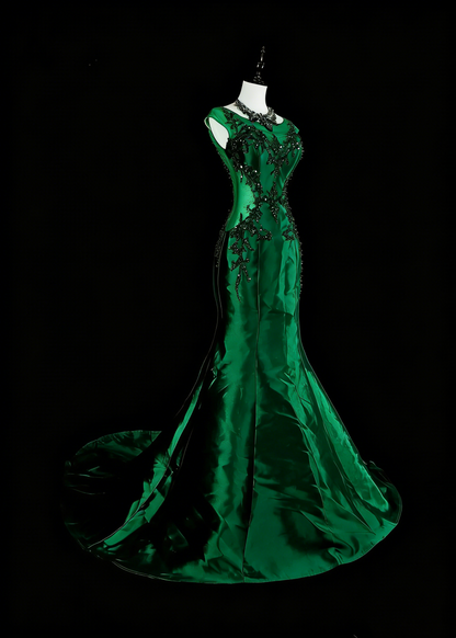 Vintage Abschlussballkleider Meerjungfrau Rundhals Dunkelgrün Satin Mit Perlen 1980er Lange Formelle Abendkleid N2705