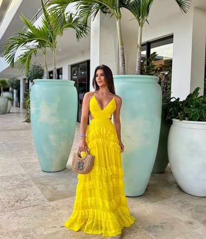 Sexy Yellow Prom Dress Aesthetic Classy A line Spaghetti Strap Sleeveless Chiffon Prom Gowns AB234