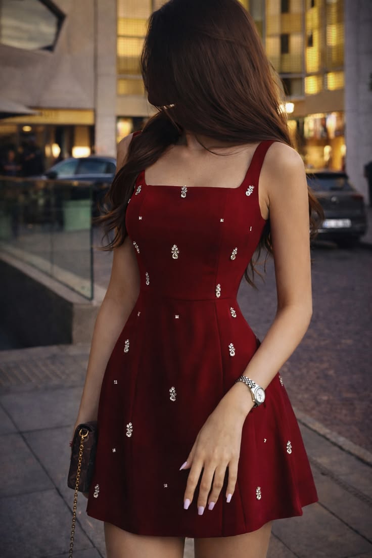 Robes de bal de fin d'année courtes mini d'inspiration pour le retour à la maison RB4416 rouges satinées semi-formelles à perles, col carré et coupe trapèze jeunes